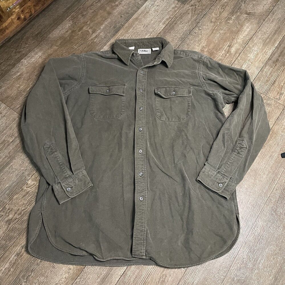 L.L. Bean Chamois Cloth Shirt Heavy Knit Flannel Button Up Men XL Tall Green VTG
